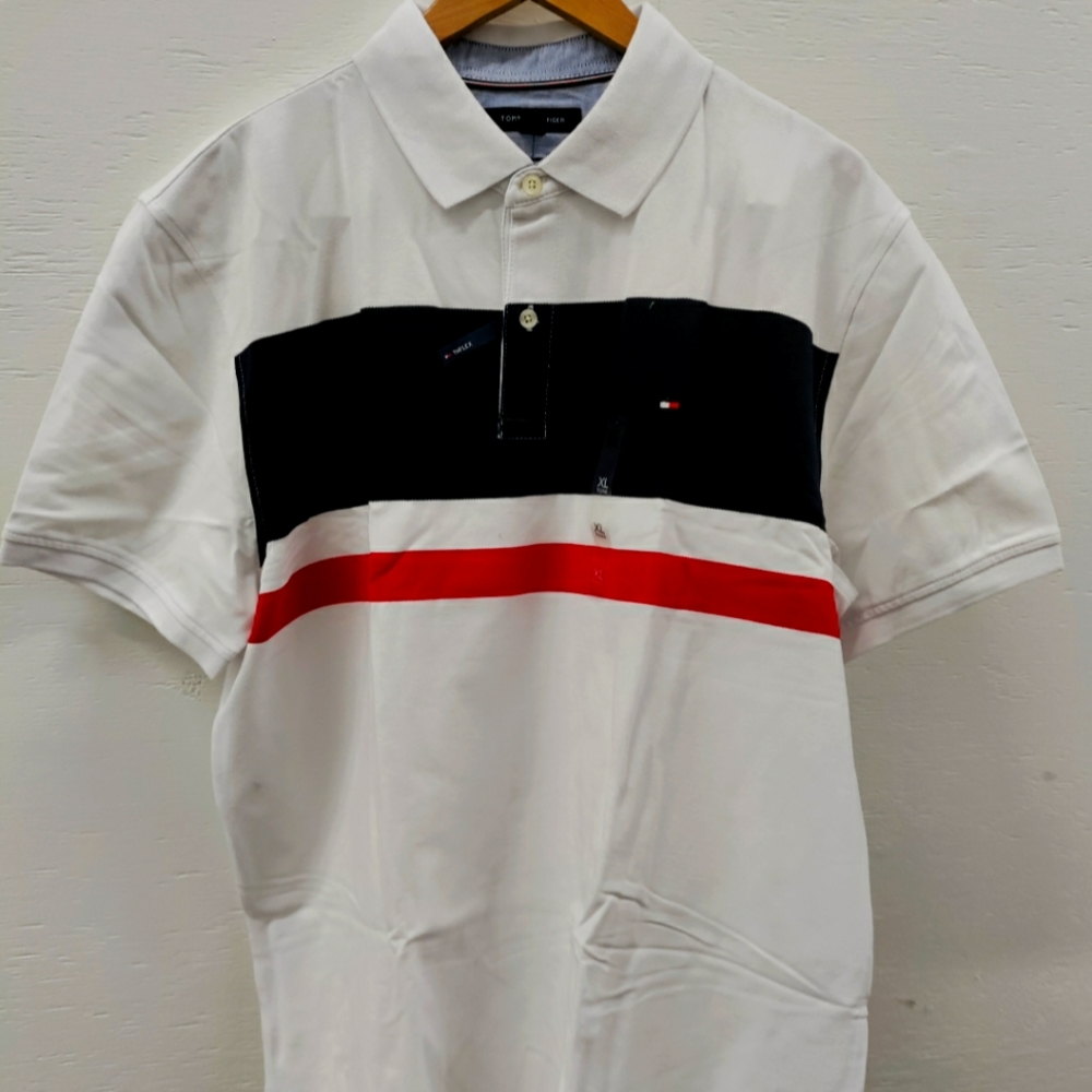 THFLEX Tommy hilfiger white blue red collar shirt horzontal stripes New With Tag